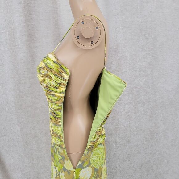 Chetta B Silk Midi Dress Y2K Floral Wasabi Green Ruched Pleat Bodice Fairycore - Picture 8 of 14